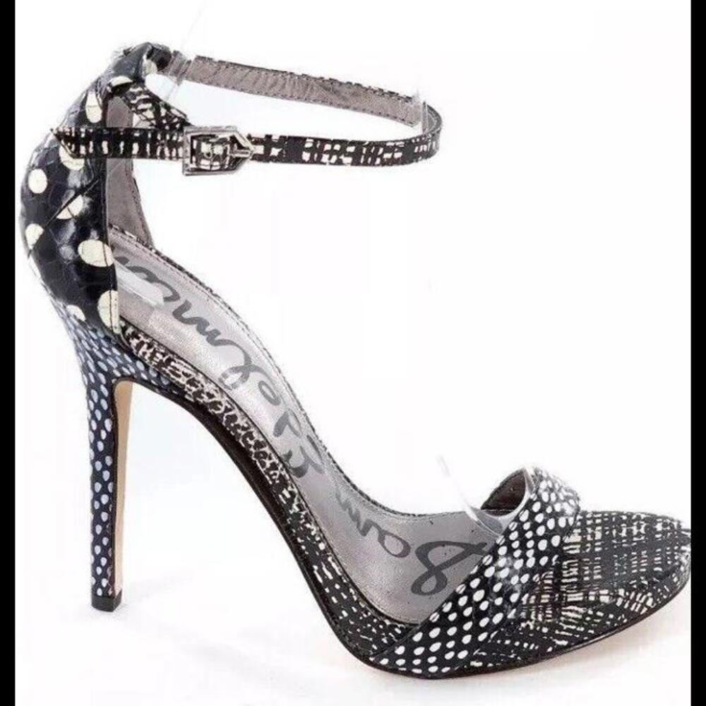 👠😎🖤SAM EDELMAN Eleanor Ankle Strap Polka Dot Sandal Black White Size 5.5